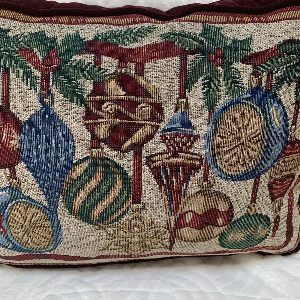Christmas Ornaments Tapestry Throw Pillow Red Velvet Back 16x12x3